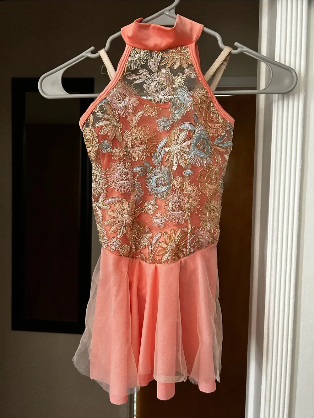 Girls Peach/Coral Floral Mesh Lyrical/Ballet Costume. Excellent condition